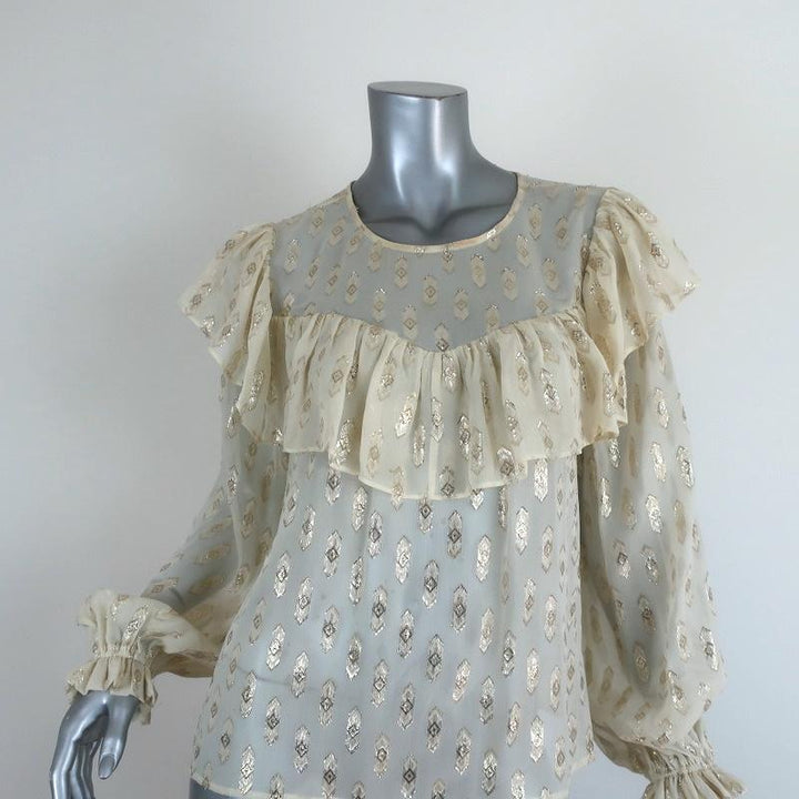 LoveShackFancy Blouse Erin Ivory Metallic Fil Coupe Size Small Long Sleeve Top available at CelebrityOwned.com img_1