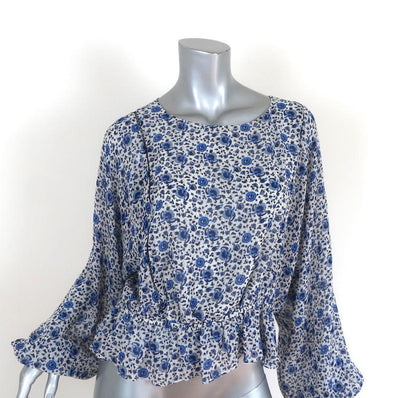 LoveShackFancy Blouse Nellie Blue Floral Print Silk Size Medium Long Sleeve Top available at CelebrityOwned.com img_1