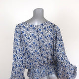 LoveShackFancy Blouse Nellie Blue Floral Print Silk Size Medium Long Sleeve Top available at CelebrityOwned.com img_5