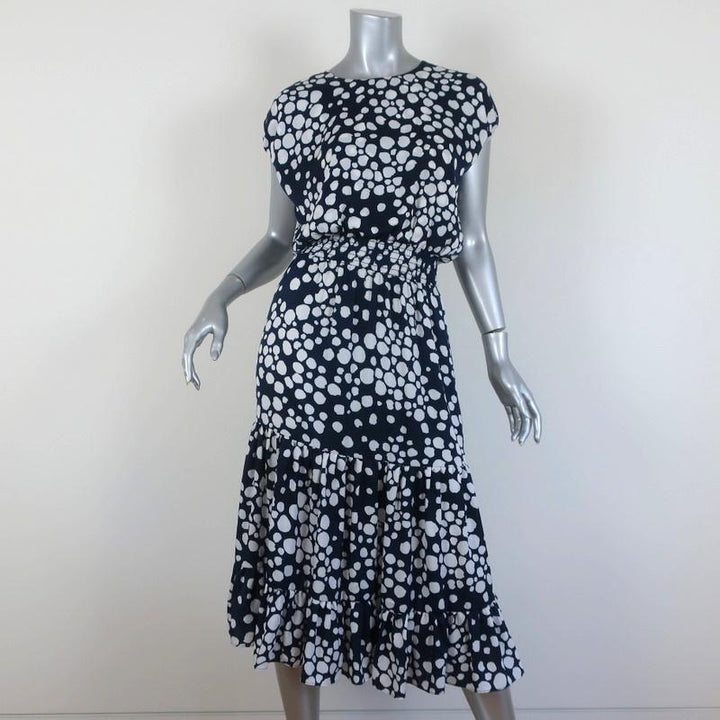 MISA Midi Dress Anali Navy/White Polka Dot Size Extra Small Cap Sleeve available at CelebrityOwned.com img_1