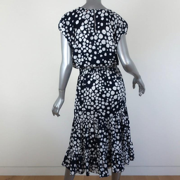 MISA Midi Dress Anali Navy/White Polka Dot Size Extra Small Cap Sleeve available at CelebrityOwned.com img_5