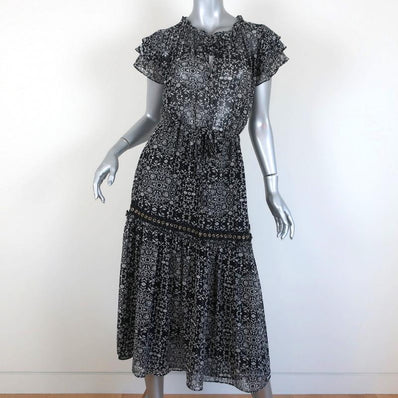 MISA Midi Dress Anis Grommet-Trim Black/White Printed Georgette Size Small available at CelebrityOwned.com img_1