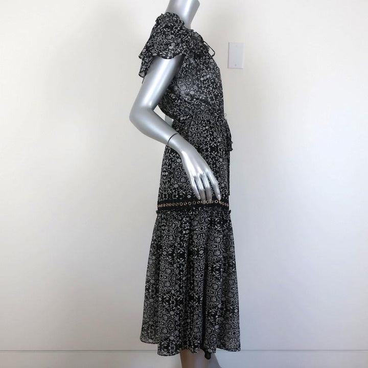 MISA Midi Dress Anis Grommet-Trim Black/White Printed Georgette Size Small available at CelebrityOwned.com img_6