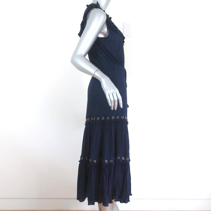 MISA Midi Dress Gabriella Navy Ruffled Rayon Size Extra Small Sleeveless available at CelebrityOwned.com img_4