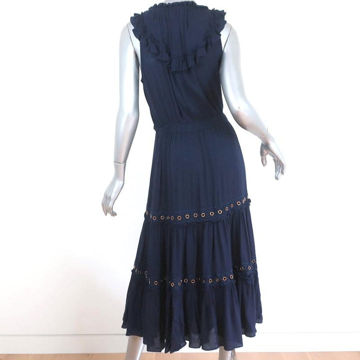 MISA Midi Dress Gabriella Navy Ruffled Rayon Size Extra Small Sleeveless available at CelebrityOwned.com img_5