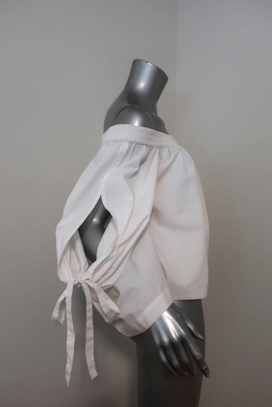 MISA Off the Shoulder Top Adeli White Cotton Size Extra Small Tie-Sleeve Blouse available at CelebrityOwned.com img_3