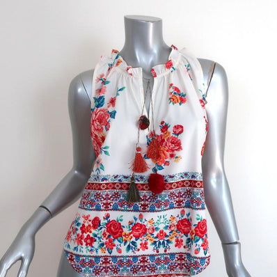 MISA Tassel Tank Top Dema White Floral Print Size Small Sleeveless Blouse available at CelebrityOwned.com img_1