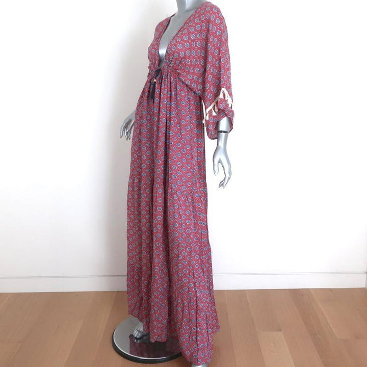 MISA Tassel Trim Maxi Dress Pink Printed Size Small Short Sleeve V-Neck-img_[image_position} from CelebrityOwned.com