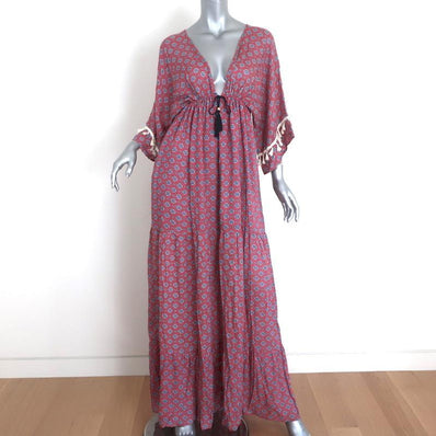 MISA Tassel Trim Maxi Dress Pink Printed Size Small Short Sleeve V-Neck-img_[image_position} from CelebrityOwned.com