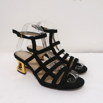 Maiyet Cage Sandals Valencia Black Suede Size 38 Ankle Strap Cutout-Heel available at CelebrityOwned.com img_1