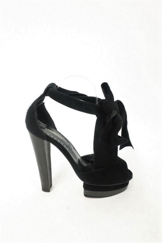 Malandrino Platform Sandal Black Suede &amp; Pony Hair Size 37 Ankle Wrap Wood Heel available at CelebrityOwned.com img_1
