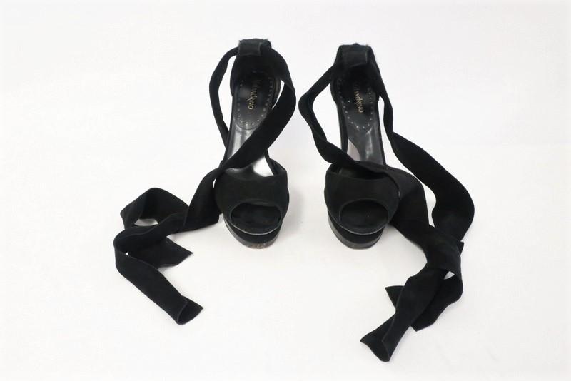 Malandrino Platform Sandal Black Suede &amp; Pony Hair Size 37 Ankle Wrap Wood Heel available at CelebrityOwned.com img_12