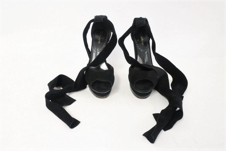 Malandrino Platform Sandal Black Suede &amp; Pony Hair Size 37 Ankle Wrap Wood Heel available at CelebrityOwned.com img_12