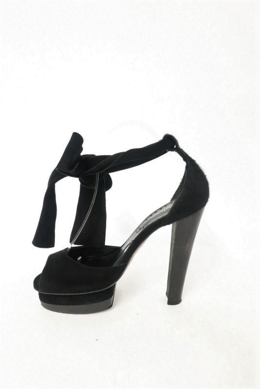 Malandrino Platform Sandal Black Suede &amp; Pony Hair Size 37 Ankle Wrap Wood Heel available at CelebrityOwned.com img_3