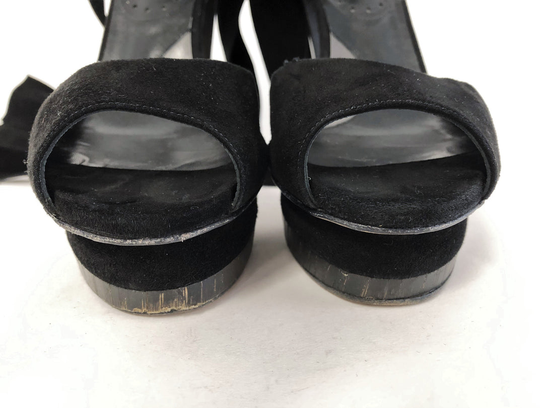 Malandrino Platform Sandal Black Suede &amp; Pony Hair Size 37 Ankle Wrap Wood Heel available at CelebrityOwned.com img_5