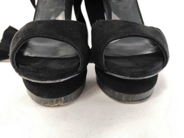 Malandrino Platform Sandal Black Suede &amp; Pony Hair Size 37 Ankle Wrap Wood Heel available at CelebrityOwned.com img_5