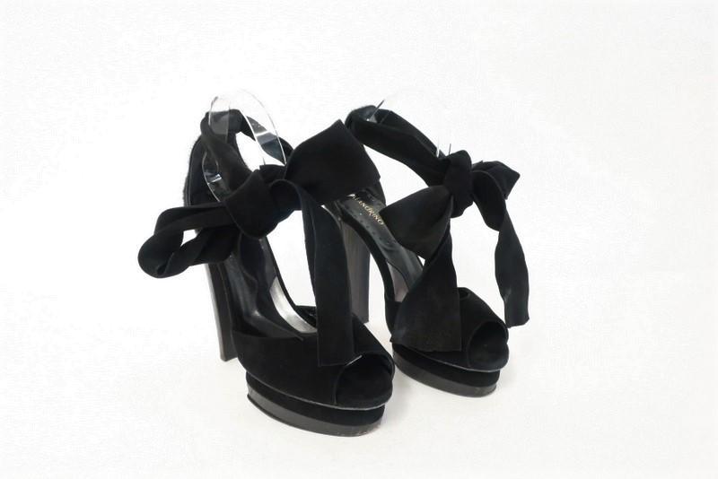 Malandrino Platform Sandal Black Suede &amp; Pony Hair Size 37 Ankle Wrap Wood Heel available at CelebrityOwned.com img_9