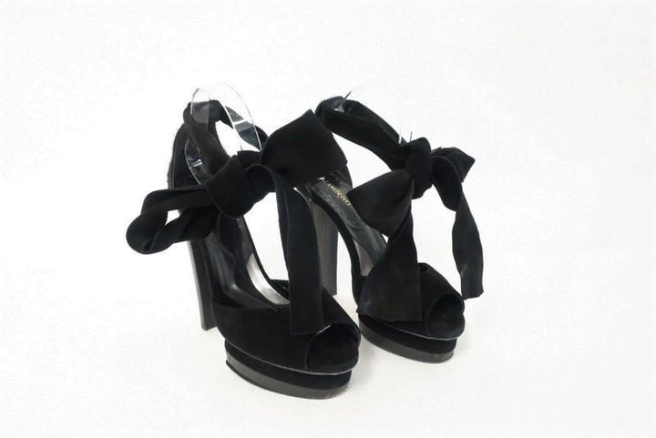Malandrino Platform Sandal Black Suede &amp; Pony Hair Size 37 Ankle Wrap Wood Heel available at CelebrityOwned.com img_9