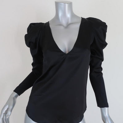 Manning Cartell Puff Sleeve Blouse Black Stretch Satin Size US 0 V-Neck Top NEW available at CelebrityOwned.com img_1