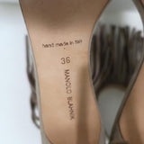 Manolo Blahnik Chaos Fringe Sandals Taupe Suede Size 36 Open Toe Heels available at CelebrityOwned.com img_12