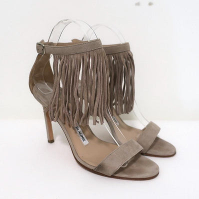 Manolo Blahnik Chaos Fringe Sandals Taupe Suede Size 36 Open Toe Heels available at CelebrityOwned.com img_1