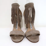 Manolo Blahnik Chaos Fringe Sandals Taupe Suede Size 36 Open Toe Heels available at CelebrityOwned.com img_4