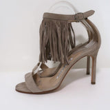 Manolo Blahnik Chaos Fringe Sandals Taupe Suede Size 36 Open Toe Heels available at CelebrityOwned.com img_6