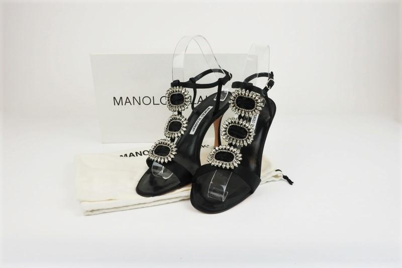 Manolo Blahnik Ochi Crystal Buckle Sandals Black Satin Size 38.5