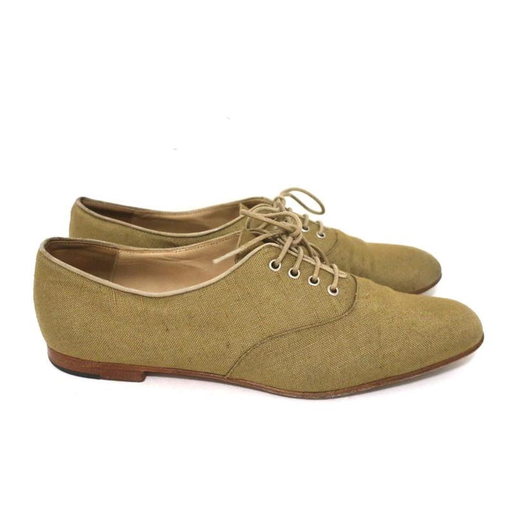 Manolo Blahnik Oxfords Sage Raw Silk Size 38.5 Lace-Up Flats available at CelebrityOwned.com img_2