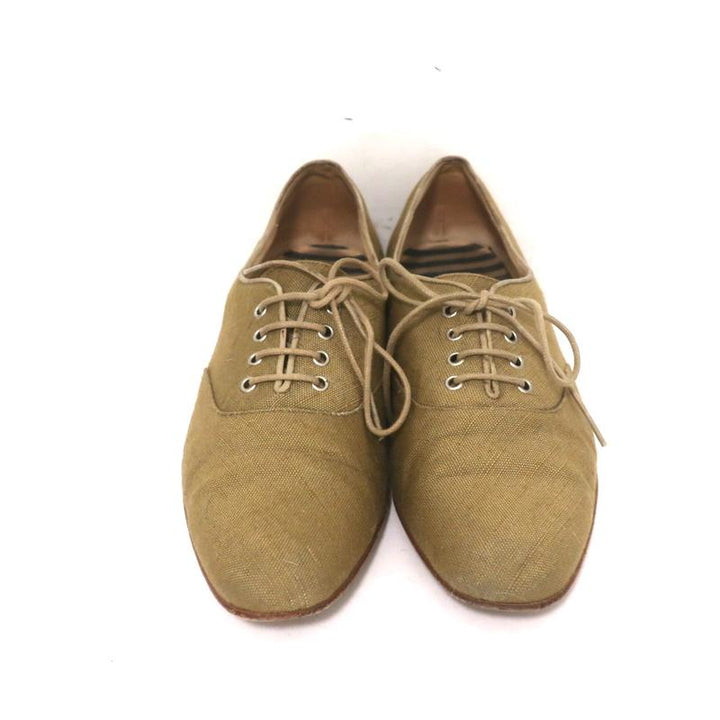 Manolo Blahnik Oxfords Sage Raw Silk Size 38.5 Lace-Up Flats available at CelebrityOwned.com img_3