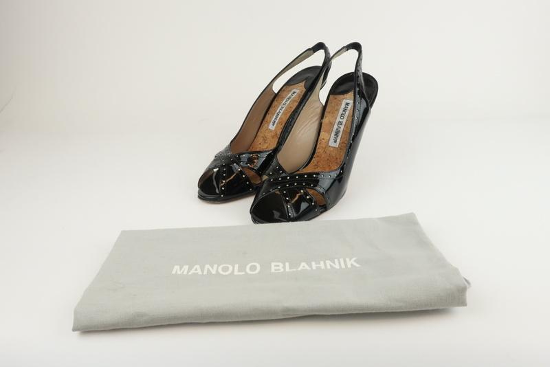 Manolo Blahnik Slingback Sandals Black Perforated Patent Size 38.5 Peep Toe Pump    FR - FC13 available at CelebrityOwned.com img_1