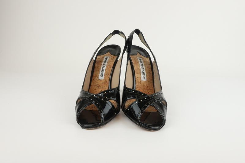 Manolo Blahnik Slingback Sandals Black Perforated Patent Size 38.5 Peep Toe Pump    FR - FC13 available at CelebrityOwned.com img_2