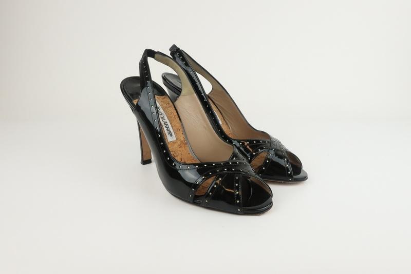 Manolo Blahnik Slingback Sandals Black Perforated Patent Size 38.5 Peep Toe Pump    FR - FC13 available at CelebrityOwned.com img_3