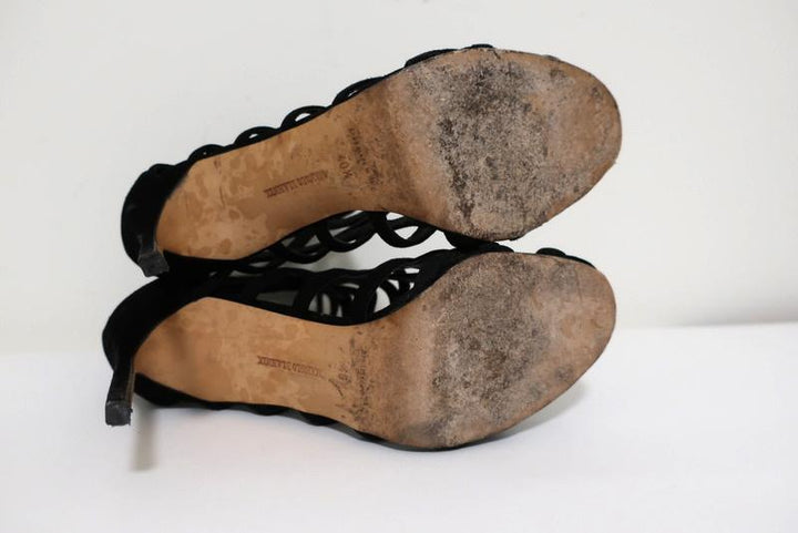 Manolo Blahnik Vagibuzip Cage Booties Black Cutout Suede Size 40.5 Open Toe Heel available at CelebrityOwned.com img_11