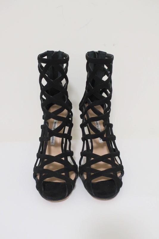 Manolo Blahnik Vagibuzip Cage Booties Black Cutout Suede Size 40.5 Open Toe Heel available at CelebrityOwned.com img_4