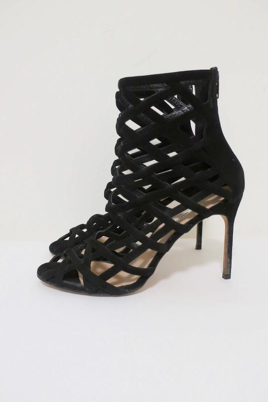 Manolo Blahnik Vagibuzip Cage Booties Black Cutout Suede Size 40.5 Open Toe Heel available at CelebrityOwned.com img_5