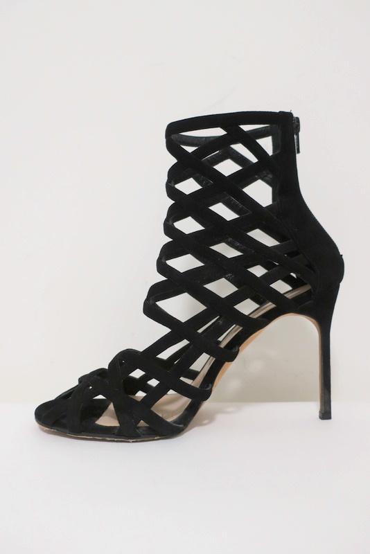 Manolo Blahnik Vagibuzip Cage Booties Black Cutout Suede Size 40.5 Open Toe Heel available at CelebrityOwned.com img_7
