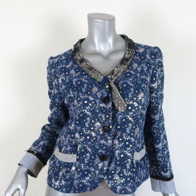 Marc Jacobs Jacket Sequin-Trim Blue/Silver Metallic Floral Jacquard Size 8 available at CelebrityOwned.com img_1