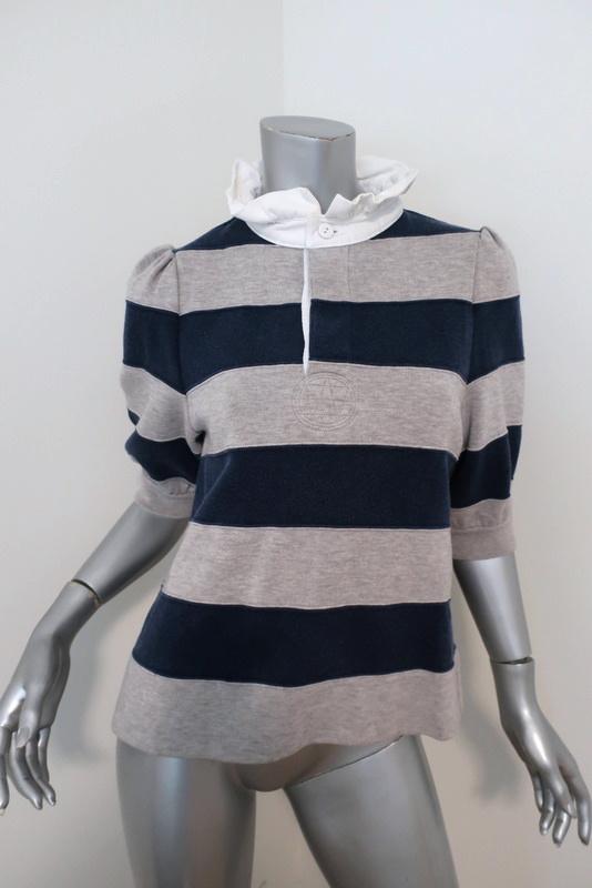 Marc Jacobs Puff Sleeve Rugby Sweater Gray/Navy Size Medium Ruffle