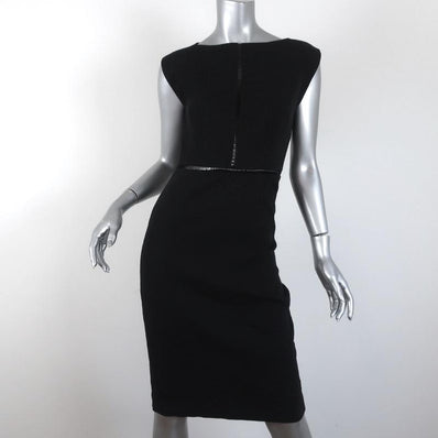 Marna Ro Dress Black Ladder Lace-Trim Crepe Size Small Cap Sleeve Sheath available at CelebrityOwned.com img_1