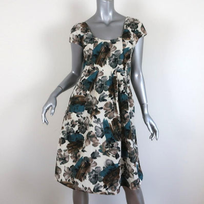 Marni Dress Cream/Multi Floral Print Taffeta Size 42 Pleated Cap Sleeve available at CelebrityOwned.com img_1