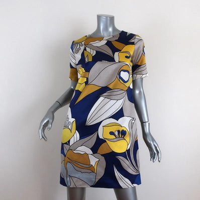 Marni Mini Dress Blue/Yellow Floral Print Twill Size 40 Short Sleeve Shift available at CelebrityOwned.com img_1