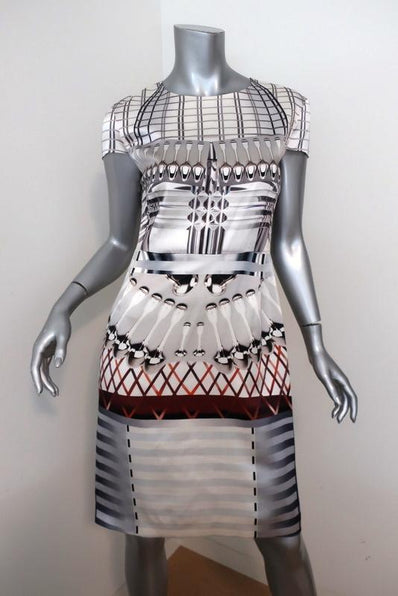 Mary Katrantzou Dress White/Gray Spoon Print Satin Size UK 12 Cap Sleeve Sheath available at CelebrityOwned.com img_1