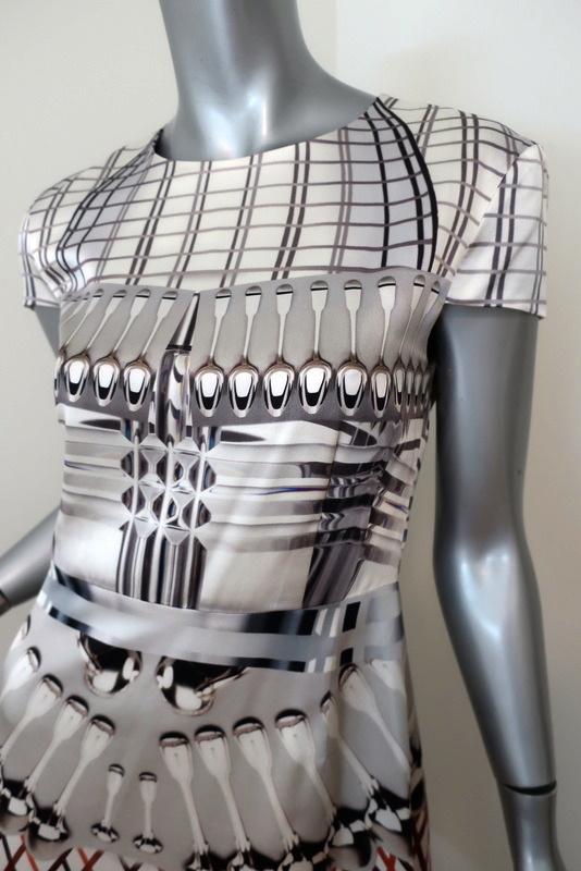 Mary Katrantzou Dress White/Gray Spoon Print Satin Size UK 12 Cap Sleeve Sheath available at CelebrityOwned.com img_2