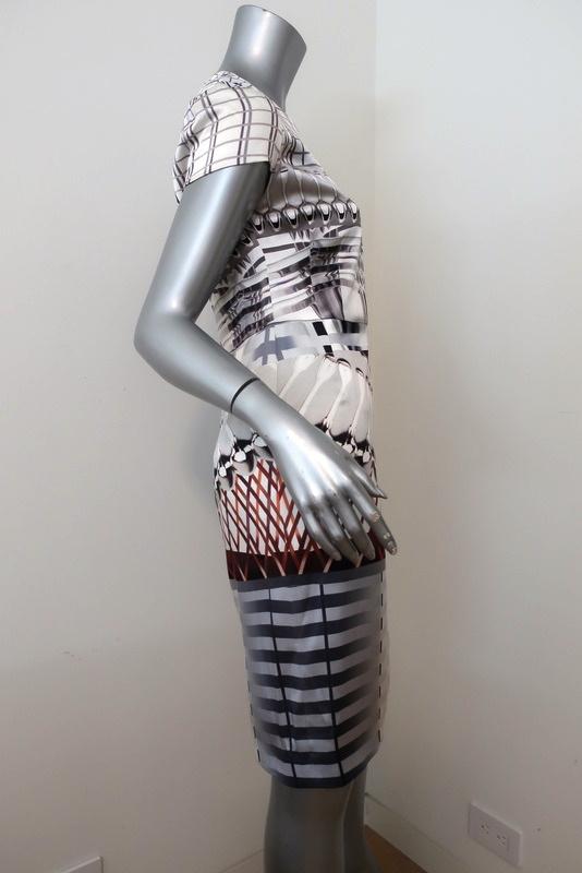 Mary Katrantzou Dress White/Gray Spoon Print Satin Size UK 12 Cap Sleeve Sheath available at CelebrityOwned.com img_3