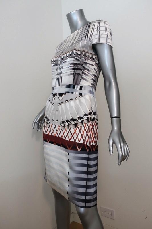 Mary Katrantzou Dress White/Gray Spoon Print Satin Size UK 12 Cap Sleeve Sheath available at CelebrityOwned.com img_4
