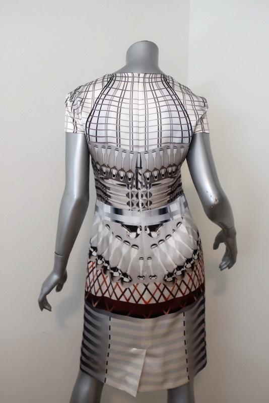 Mary Katrantzou Dress White/Gray Spoon Print Satin Size UK 12 Cap Sleeve Sheath available at CelebrityOwned.com img_5