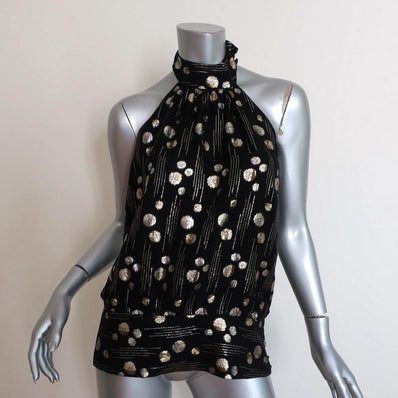 Mason Halter Top Black/Gold Lurex Dot Print Silk Size 8 Open Back Blouse available at CelebrityOwned.com img_1