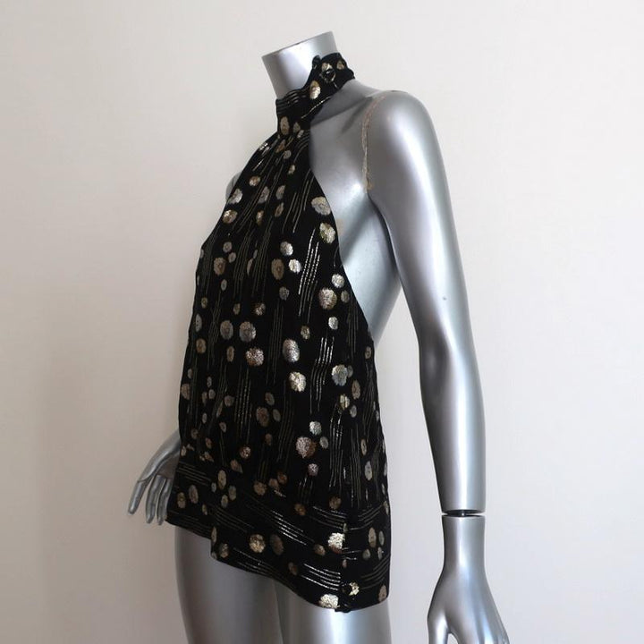 Mason Halter Top Black/Gold Lurex Dot Print Silk Size 8 Open Back Blouse available at CelebrityOwned.com img_2