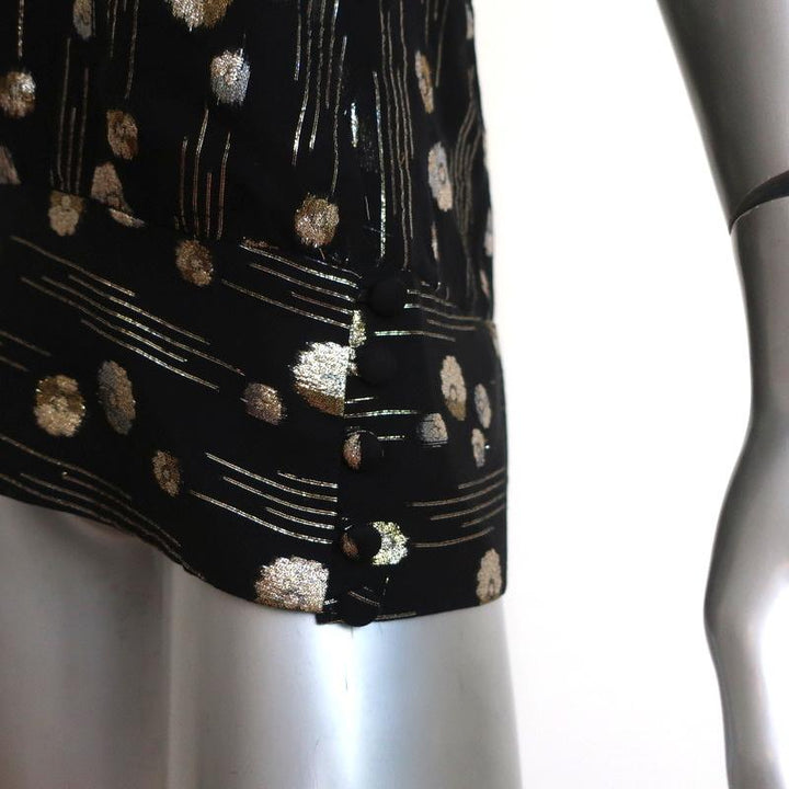 Mason Halter Top Black/Gold Lurex Dot Print Silk Size 8 Open Back Blouse available at CelebrityOwned.com img_4
